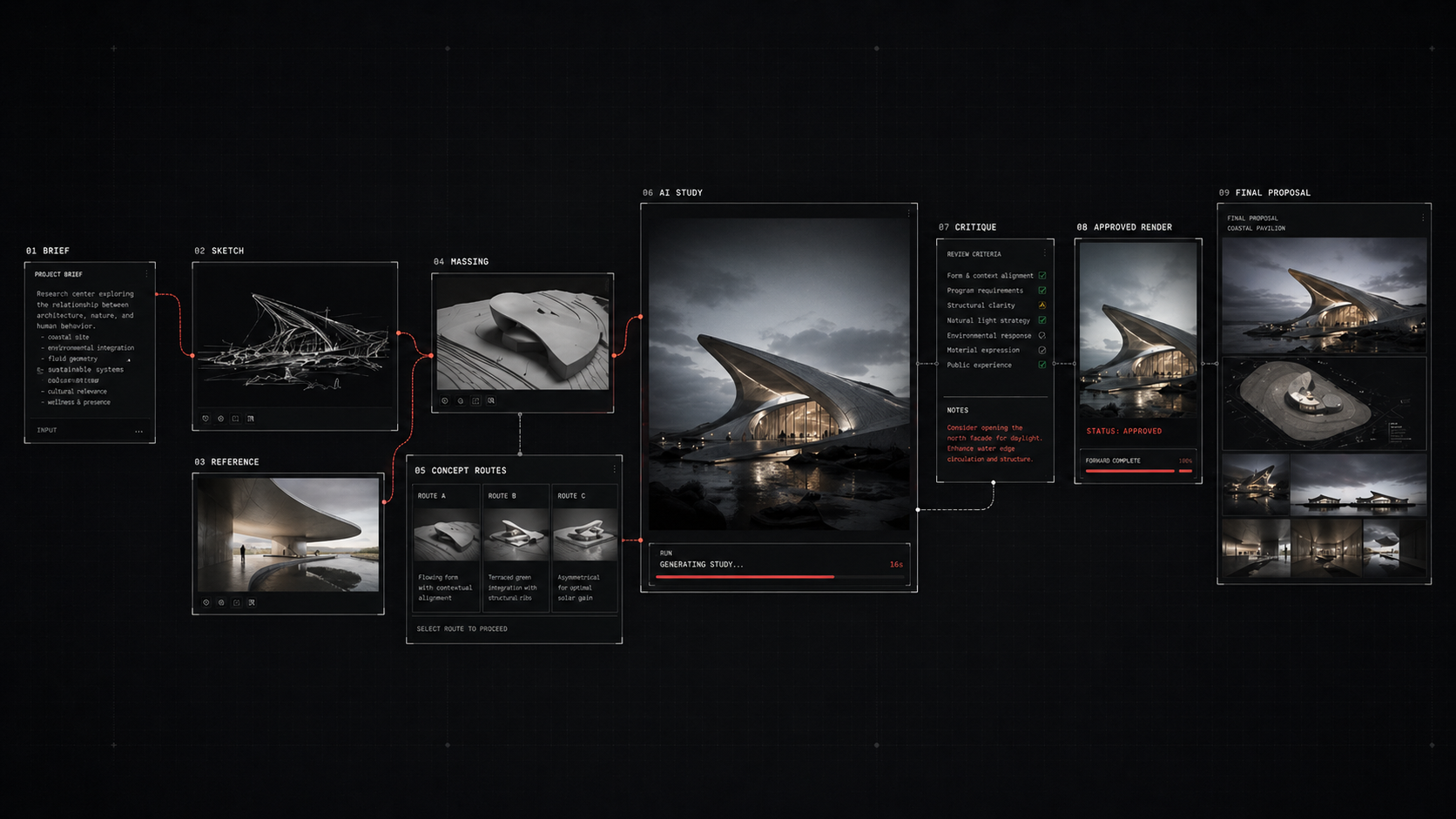 A cinematic EXEGON Proposal Sprint board showing a brief, sketch, reference, massing, concept routes, AI study, critique, approved render, and final proposal.